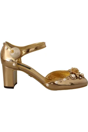 Dolce & Gabbana Femme, Chaussures, Jaune, Taille: 37 EU Talons Blocs en Cuir Doré avec Cristaux