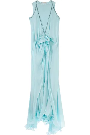 GENNY Femme, Robes, Bleu, Taille: 36 FR Robe Longue en Mousseline Bleue avec Ornements Floraux