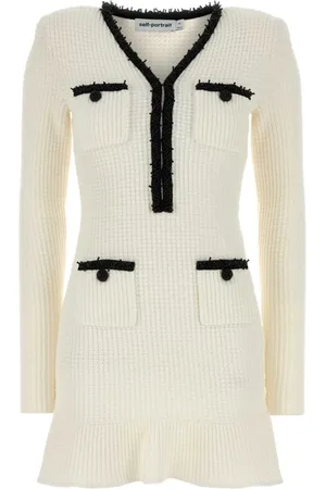 Self-Portrait Femme, Robes, Blanc, Taille: 40 FR Mini Robe Blanche en Tricot avec Perles