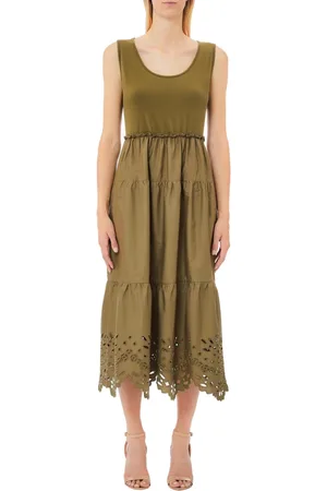 Liu Jo Femme, Robes, Vert, Taille: 34 FR Robe Midi Verte avec Volants et Broderies Sangallo