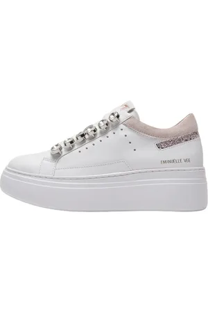 Emanuélle vee Femme, Chaussures, Blanc, Taille: 35 EU Baskets Cuir Blanc Rose avec Strass