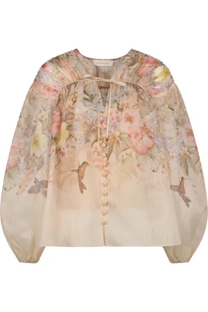 ZIMMERMANN Femme, Blouses et Chemises, Rose, Taille: 40 FR Chemisier en Soie et Lin avec Col en V et Manches Bouffantes