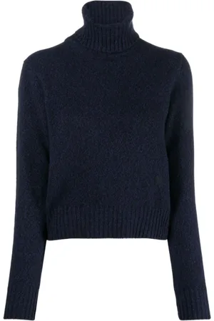 Ami Femme, Pulls, Bleu, Taille: 36 FR Pull en Cachemire Bleu Foncé avec Logo