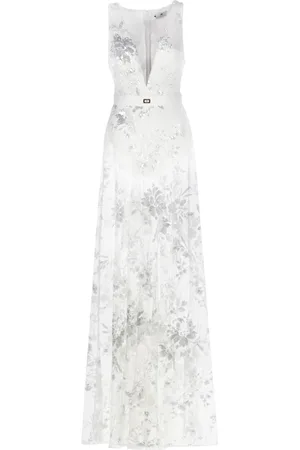 Elisabetta Franchi Femme, Robes, , Taille: 38 FR Robe Ivoire Tulle Paillettes Col en V