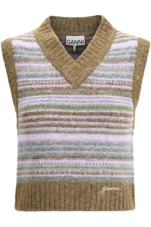 Ganni Femme, Pulls, Multicolore, Taille: 42 FR Gilet à Rayures en Laine Mérinos avec Détail Iconique