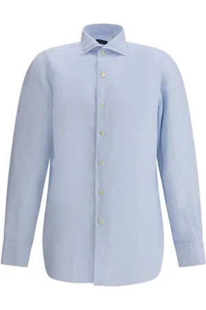 Finamore Homme, Chemises, Bleu, Taille: 4XL Chemise Légère en Lin avec Col Classique