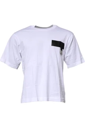 Dolce & Gabbana Homme, Tops, Blanc, Taille: S T-shirt Blanc en Coton avec Logo Patch Col Rond