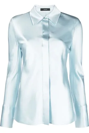 Joseph Femme, Blouses et Chemises, Bleu, Taille: 42 FR Chemisier Bleu en Satin de Soie à Manches Longues