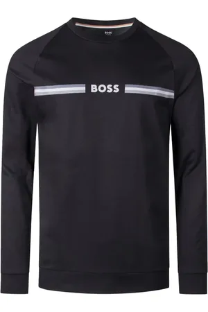 HUGO BOSS Homme, Tops, Noir, Taille: S Sweat en Coton Noir Coupe Régulière Col Rond Manches Longues Logo Imprimé