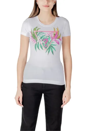 Guess Femme, Tops, Blanc, Taille: 36 FR T-shirt à Manches Courtes à Motif Floral et Col Rond