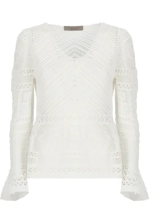 D.EXTERIOR Femme, Pulls, Blanc, Taille: 36 FR Pull Blanc à Col en V avec Détails en Dentelle
