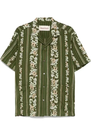 Baziszt Homme, Chemises, Multicolore, Taille: M Chemise verte olive brodée à rayures
