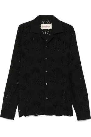 Baziszt Homme, Chemises, Noir, Taille: L Chemise Noire à Col Camp Brodé