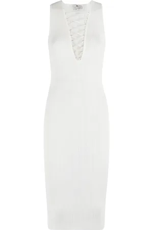 Elisabetta Franchi Femme, Robes, Blanc, Taille: 36 FR Robe en Maille Ivoire avec Col en V