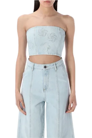 ROTATE Femme, Tops, Bleu, Taille: 36 FR Haut en Denim à Fleurs et Clous Sans bretelles