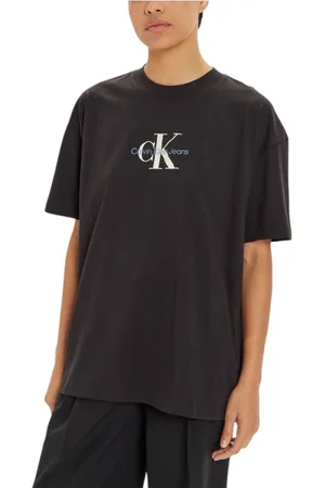 Calvin Klein Femme, Tops, Noir, Taille: 40 FR T-shirt Noir en Coton Texturé Monologo
