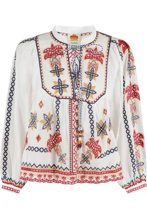 Farm Rio Femme, Blouses et Chemises, Multicolore, Taille: 38 FR Chemisier Brodé en Voile de Coton Blanc