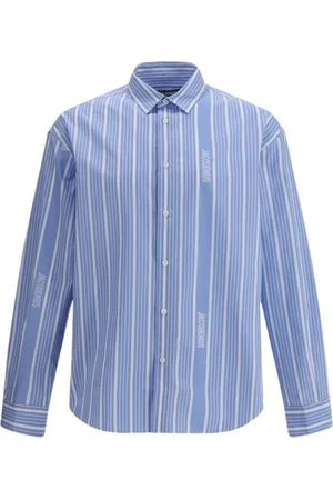 Jacquemus Homme, Chemises, Bleu, Taille: S Chemise Rayée en Coton avec Détail Monogramme