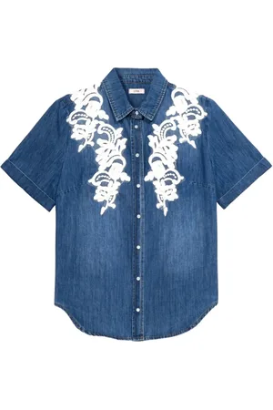 Oltre Femme, Blouses et Chemises, Bleu, Taille: 46 FR Chemise en jean avec broderie florale