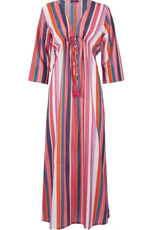 Gallo Femme, Maillots de bain, Multicolore, Taille: ONE Size Kaftan long en coton blanc pour femmes avec des rayures multicolores verticales
