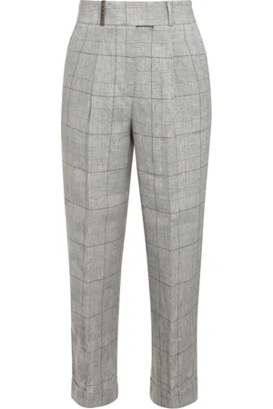 PESERICO SIGN Femme, Pantalons, Gris, Taille: 42 FR Pantalon en lin à carreaux Taille élastique