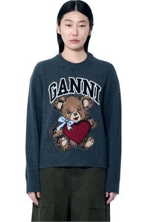Ganni Femme, Pulls, Gris, Taille: 42 FR Pull en Laine Graphique Ours