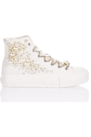 Mimanera Femme, Chaussures, Blanc, Taille: 35 EU Baskets Plateforme Blanches avec Perles
