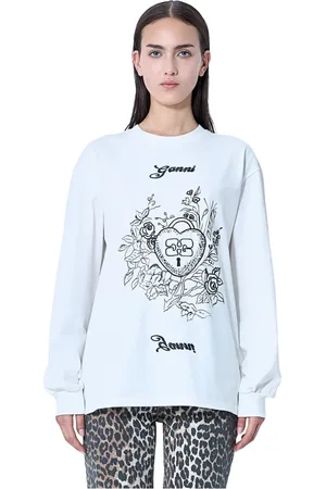 Ganni Femme, Tops, Blanc, Taille: 40 FR T-shirt en Jersey de Coton avec Motif Logo