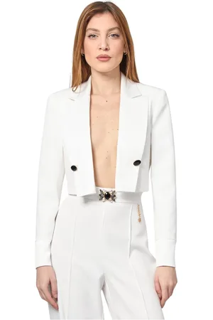 Fracomina Femme, Vestes, Blanc, Taille: 38 FR Veste Blanche Cropped Fit avec Pendentif Logo