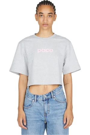 Paco rabanne Femme, Tops, Gris, Taille: 40 FR Logo Print Cropped T-Shirt