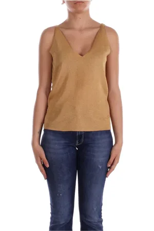 Liu Jo Femme, Tops, Jaune, Taille: 38 FR Pull Doré Collection Logo Devant
