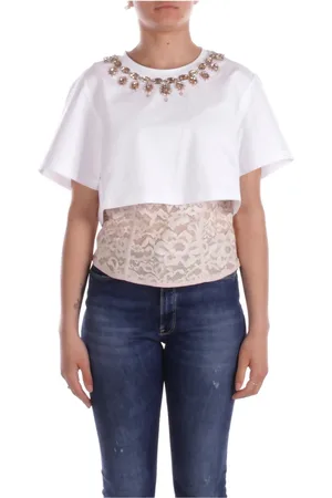 Blugirl Femme, Tops, Blanc, Taille: 38 FR T-shirts et Polos élégants avec Détails en Strass et Dentelle