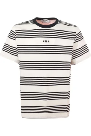Msgm Homme, Tops, Multicolore, Taille: M T-shirt à Rayures Col Rond Blanc Coton