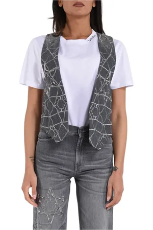 Dondup Femme, Vestes, Gris, Taille: 42 FR Gilet en Denim Brodé Étoiles