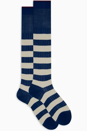 Gallo Homme, Sous-vêtements, Multicolore, Taille: M Chaussettes longues en coton bleu pour hommes à côtes avec motif à rayures bicolores