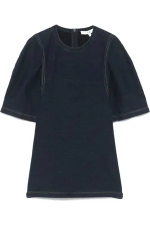 tibi Femme, Tops, Bleu, Taille: 38 FR T-shirt en Denim Sculpté Rétréci