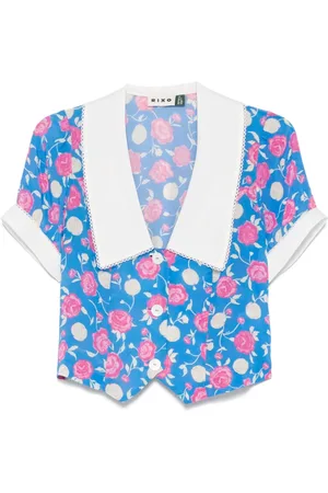 RIXO London Femme, Blouses et Chemises, Multicolore, Taille: 40 FR Floral Azure Boutonnière Manches Courtes