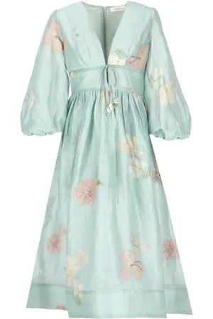 ZIMMERMANN Femme, Robes, Bleu, Taille: 40 FR Robe en Lin Bleu Clair avec Motif Floral