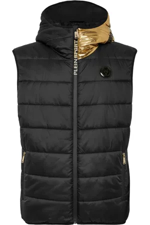 Philipp Plein Homme, Vestes, Noir, Taille: M Gilet à Capuche Noir/Or avec Fermeture Éclair