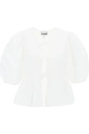Ganni Femme, Blouses et Chemises, Blanc, Taille: 40 FR Blouse Peplum en Popeline avec Manches Bouffantes