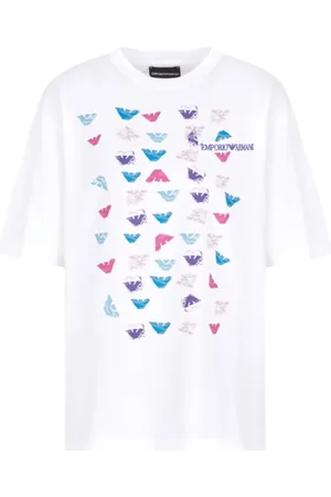 Emporio Armani Femme, Tops, Blanc, Taille: 40 FR T-shirt en coton à manches courtes avec impression aigle multicolore