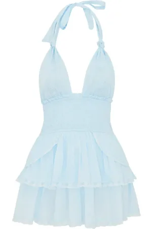 LOVESHACKFANCY Femme, Robes, Bleu, Taille: 38 FR Robe Mini Bleue à Col Halter et Volants