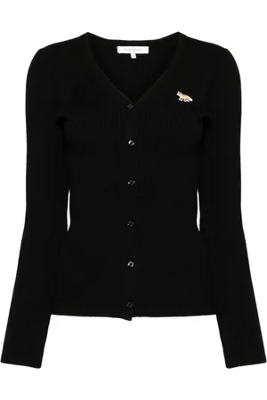 Maison Kitsuné Femme, Pulls, Noir, Taille: 42 FR Cardigan Noir à Côtes Fines Tricot