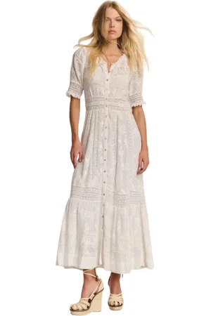 LOVESHACKFANCY Femme, Robes, Blanc, Taille: 42 FR Robe Longue en Dentelle de Coton Victorienne