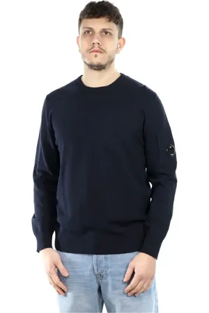 C.P. Company Homme, Pulls, Bleu, Taille: XL Pull en Crêpe de Coton Bleu avec Lentille