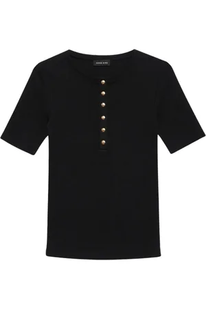 ANINE BING Femme, Tops, Noir, Taille: 40 FR T-shirt Noir Côtelé avec Boutons Dorés