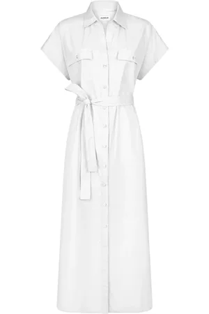 Dondup Femme, Robes, Blanc, Taille: 38 FR Robe Coton Manches Courtes Boutonnée Ceinturée
