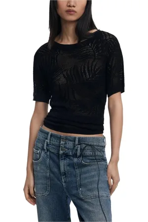 Desigual Femme, Tops, Noir, Taille: 44 FR T-shirt Noir à Manches Courtes Uni