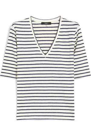 Max Mara Femme, Tops, Bleu, Taille: 44 FR T-shirt bleu en lin stretch col en V manches courtes