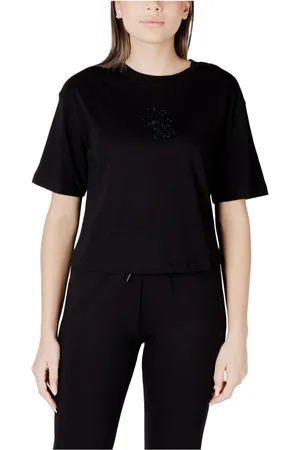 Armani Exchange Femme, Tops, Noir, Taille: 42 FR T-shirt en Coton Noir, Col Rond, Manches Courtes
